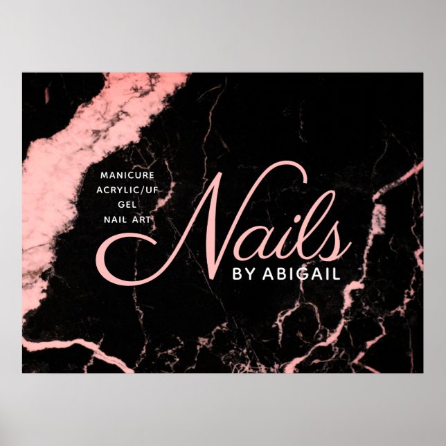 Poster Élégant Noir & Rose Marbre Clous Par "Nom" (Devant)