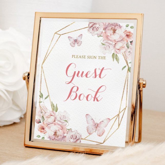 Poster Elégant or rose Floral Quinceañera Livre d'hôtes (Créateur téléchargé)