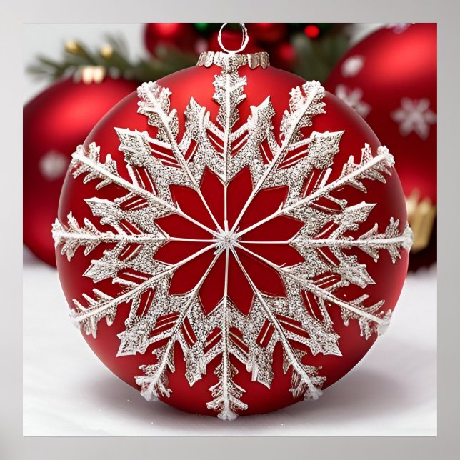 Poster Élégant ornement de Noël rouge avec flocon de neig (Devant)