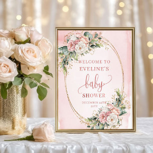 Poster Élégant panneau de bienvenue rose gold floral pour