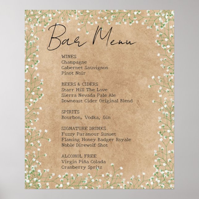 Poster Élégant panneau de menu de bar de mariage floral à (Devant)