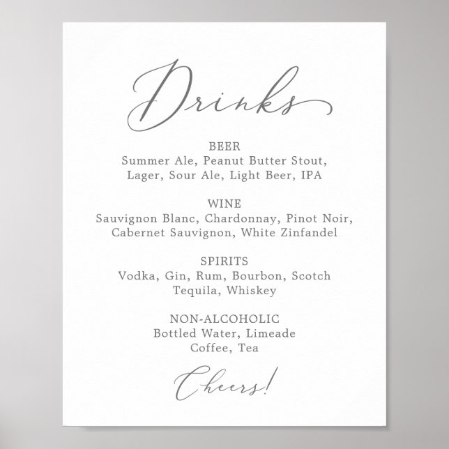 Poster Élégant panneau de menu de boissons de mariage en  (Devant)