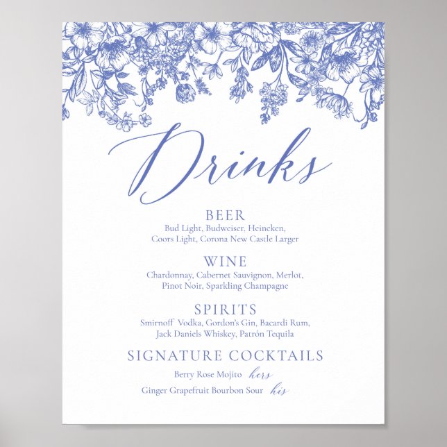 Poster Élégant panneau de menu de boissons floral bleu vi (Devant)