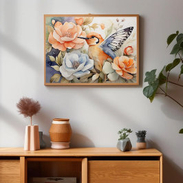 Poster Élégant papillon ailé Oiseau et fleurs Art