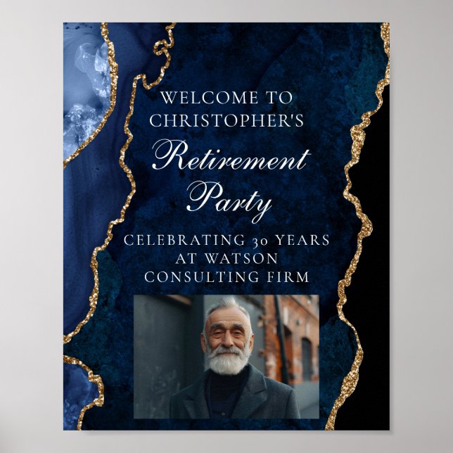 Poster Élégant Parti de retraite Photo Marine Blue Gold (Devant)