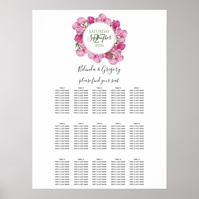 Poster Élégant Peonies roses Mariage Seonies Chart (Devant)