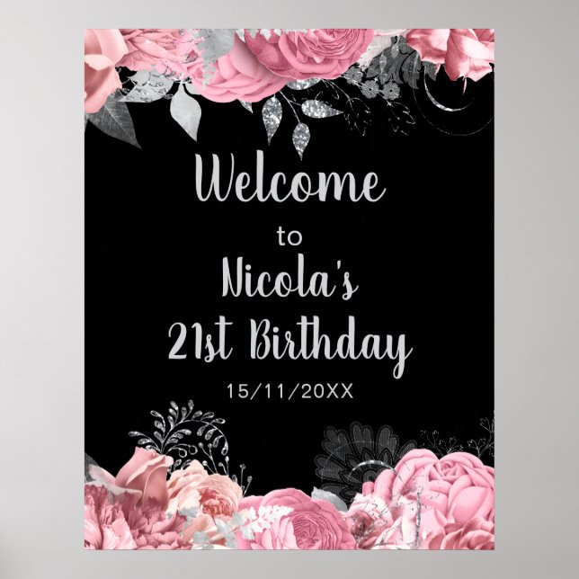 Poster Elegant Pink and Silver Flowers Birthday Part  (Devant)