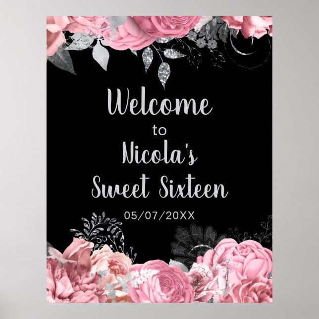 Poster Elegant Pink and Silver Flowers Sweet Sixteen  (Devant)