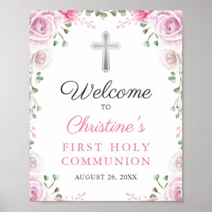 Poster Elegant Pink Floral First Holy Communion Welcome