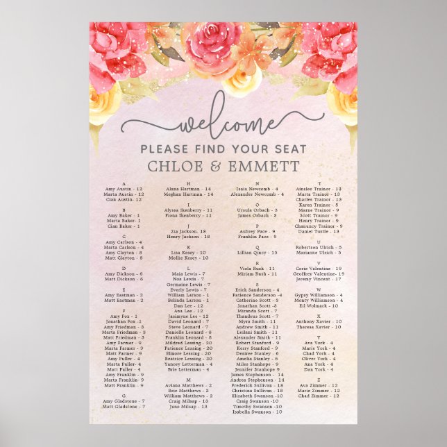 Poster Élégant Pink Floral Gold Mariage Graphique de sièg (Devant)