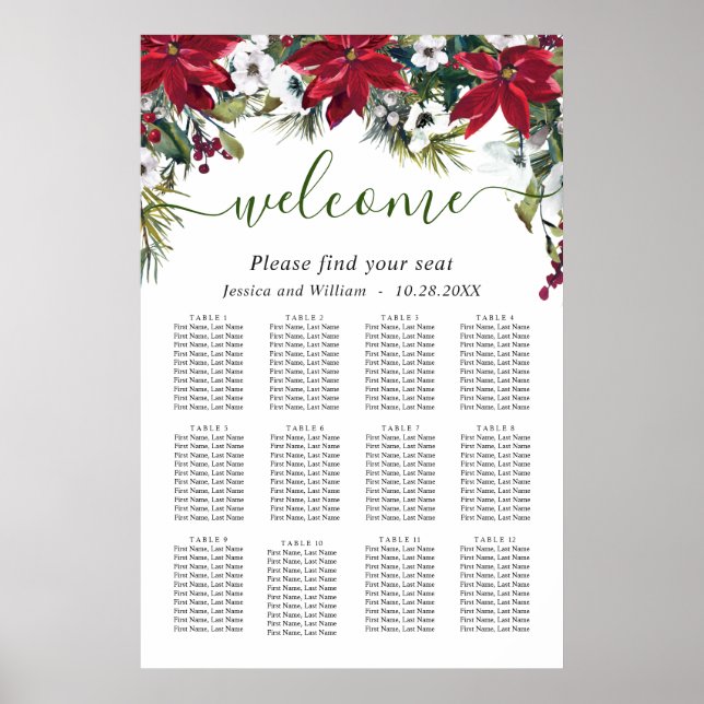 Poster Élégant Poinsettia 12 Tables Mariage CHART DE SIÈG (Devant)