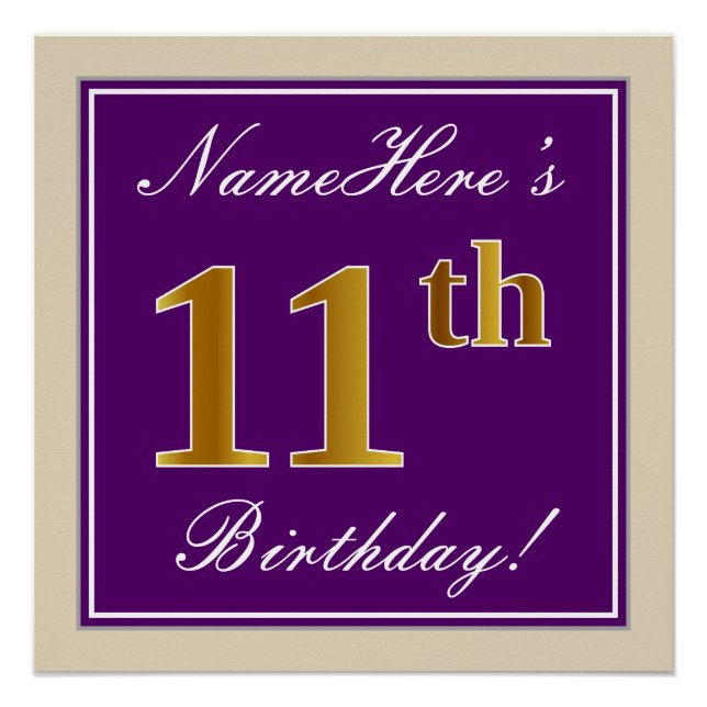 Poster Elégant, pourpre, Faux Gold 11e anniversaire + Nom (Devant)