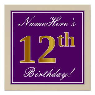 Poster Elégant, pourpre, Faux Gold 12ème anniversaire + N