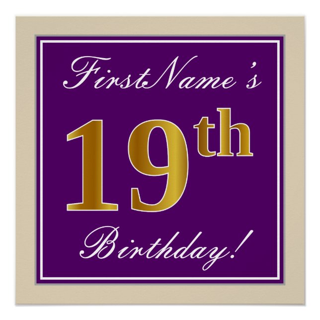 Poster Elégant, pourpre, Faux Gold 19e anniversaire + Nom (Devant)