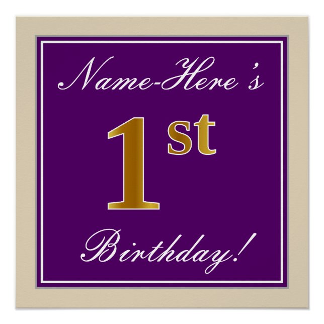 Poster Elégant, pourpre, Faux Gold 1er anniversaire + Nom (Devant)