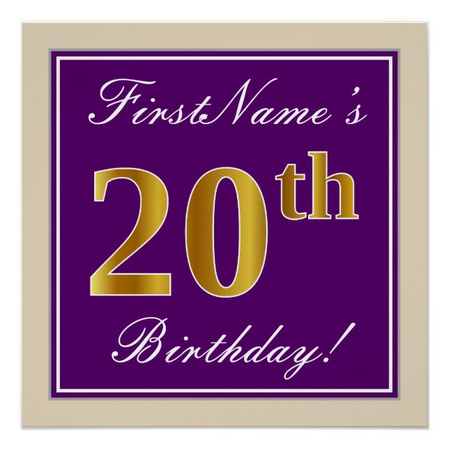 Poster Elégant, pourpre, Faux Gold 20e anniversaire + Nom (Devant)