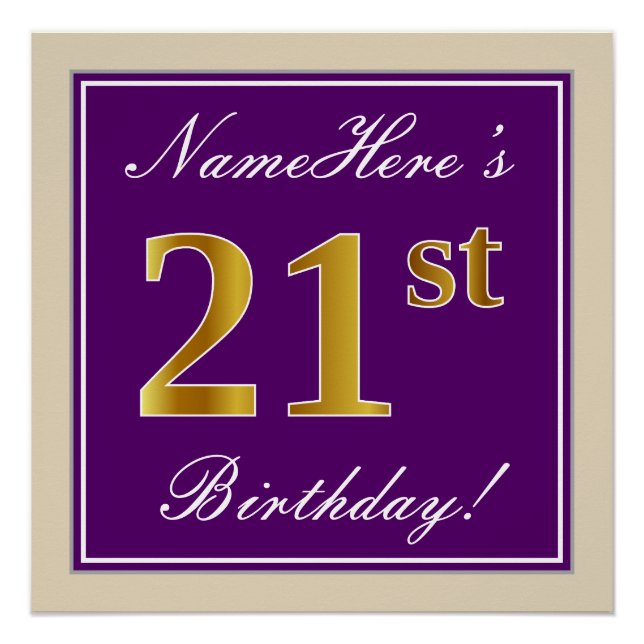 Poster Elégant, pourpre, Faux Gold 21e anniversaire + Nom (Devant)