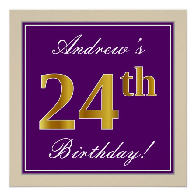Poster Elégant, pourpre, Faux Gold 24e anniversaire + Nom (Devant)