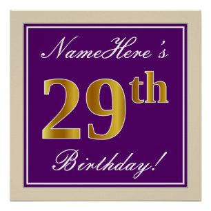 Poster Elégant, pourpre, Faux Gold 29e anniversaire + Nom