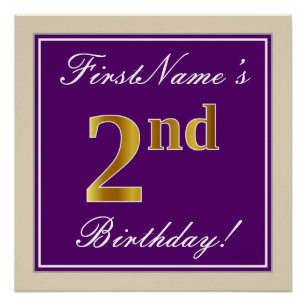 Poster Élégant, pourpre, Faux Gold 2e anniversaire + nom