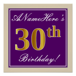 Poster Elégant, pourpre, Faux Gold 30e anniversaire + Nom