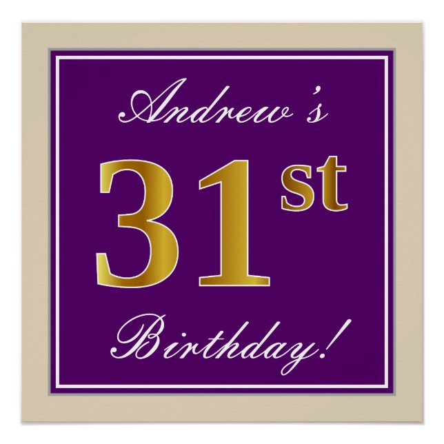 Poster Elégant, pourpre, Faux Gold 31e anniversaire + Nom (Devant)