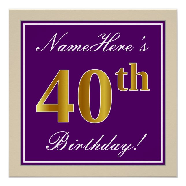 Poster Elégant, pourpre, Faux Gold 40e anniversaire + Nom (Devant)