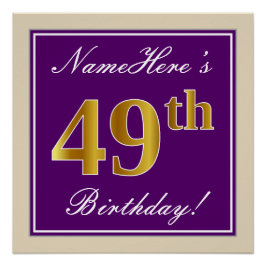 Poster Elégant, pourpre, Faux Gold 49e anniversaire + Nom