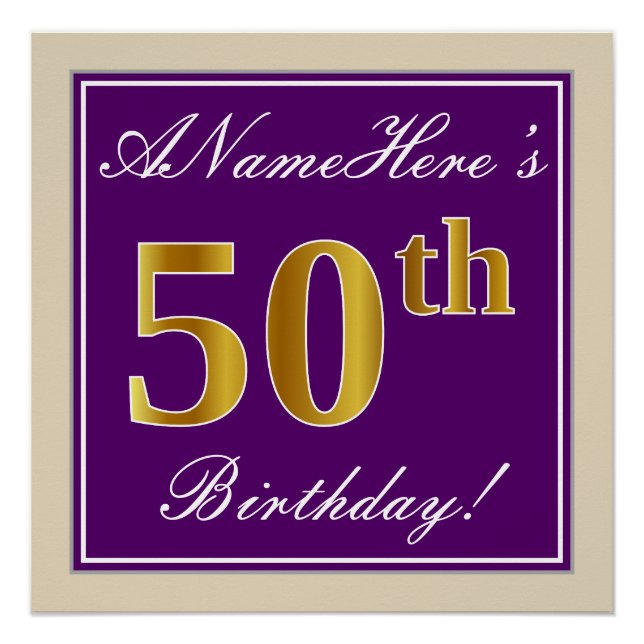 Poster Elégant, pourpre, Faux Gold 50e anniversaire + Nom (Devant)