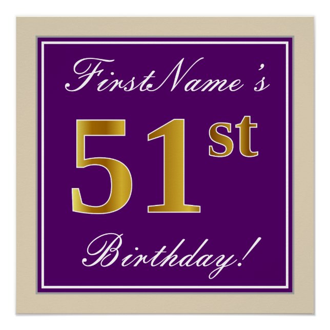 Poster Elégant, pourpre, Faux Gold 51e anniversaire + Nom (Devant)
