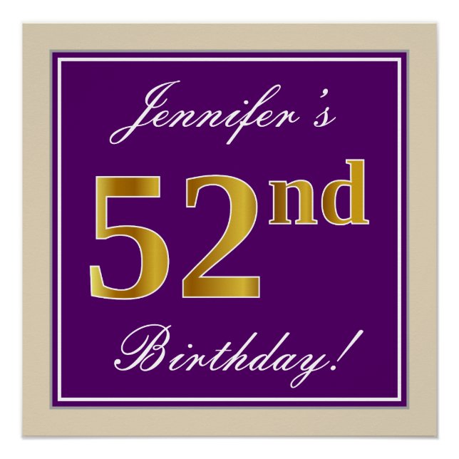 Poster Elégant, pourpre, Faux Gold 52e anniversaire + Nom (Devant)