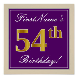 Poster Elégant, pourpre, Faux Gold 54e anniversaire + Nom