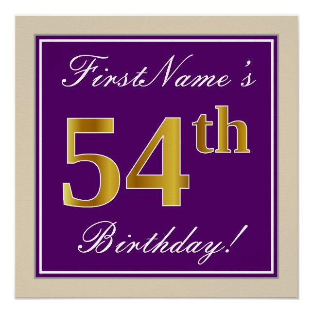 Poster Elégant, pourpre, Faux Gold 54e anniversaire + Nom (Devant)