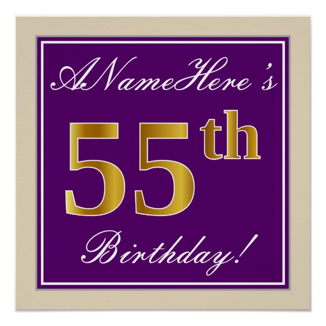 Poster Elégant, pourpre, Faux Gold 55e anniversaire + Nom (Devant)