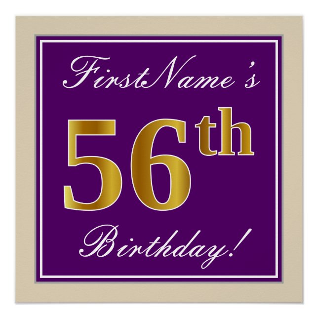 Poster Elégant, pourpre, Faux Gold 56e anniversaire + Nom (Devant)