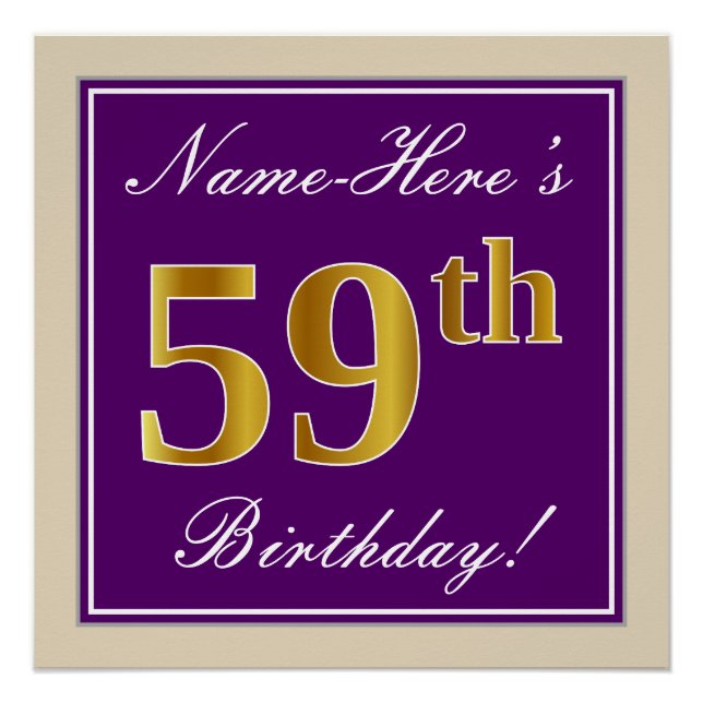 Poster Elégant, pourpre, Faux Gold 59e anniversaire + Nom (Devant)