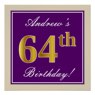 Poster Elégant, pourpre, Faux Gold 64e anniversaire + Nom