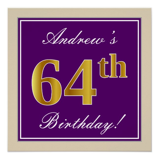 Poster Elégant, pourpre, Faux Gold 64e anniversaire + Nom (Devant)