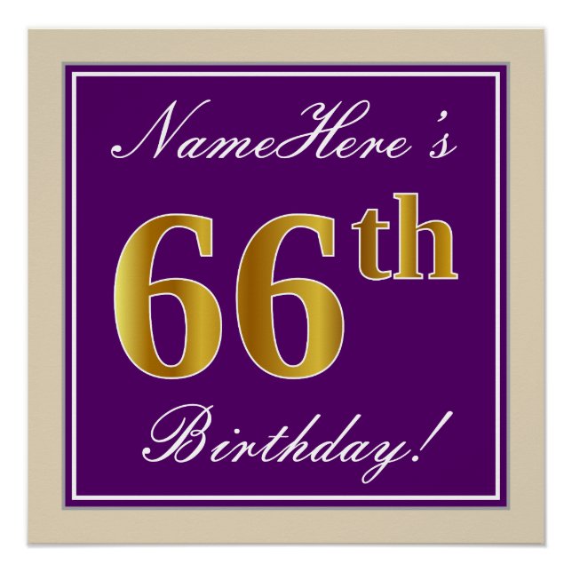 Poster Elégant, pourpre, Faux Gold 66e anniversaire + Nom (Devant)