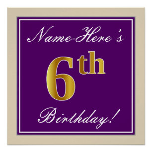 Poster Élégant, pourpre, Faux Gold 6e anniversaire + nom