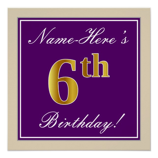 Poster Élégant, pourpre, Faux Gold 6e anniversaire + nom (Devant)