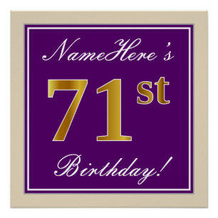 Poster Elégant, pourpre, Faux Gold 71e anniversaire + Nom