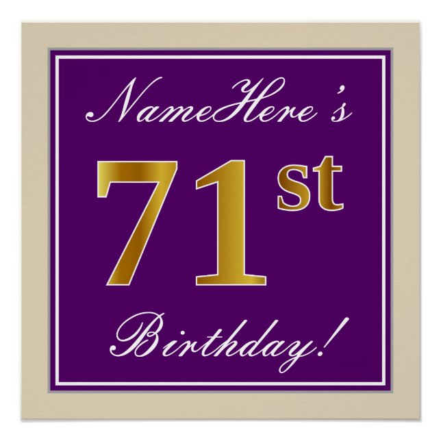 Poster Elégant, pourpre, Faux Gold 71e anniversaire + Nom (Devant)