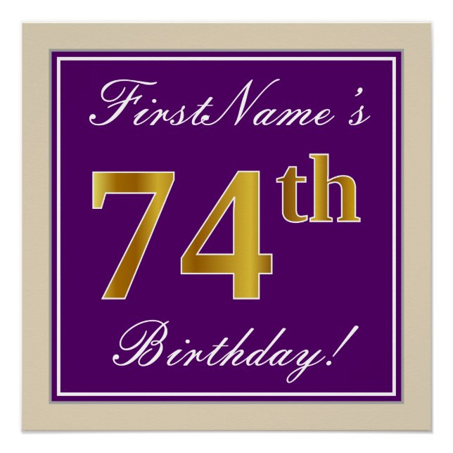 Poster Elégant, pourpre, Faux Gold 74e anniversaire + Nom (Devant)