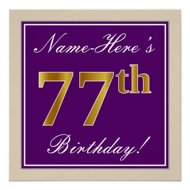 Poster Elégant, pourpre, Faux Gold 77e anniversaire + Nom (Devant)
