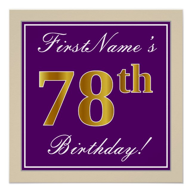Poster Elégant, pourpre, Faux Gold 78e anniversaire + Nom (Devant)