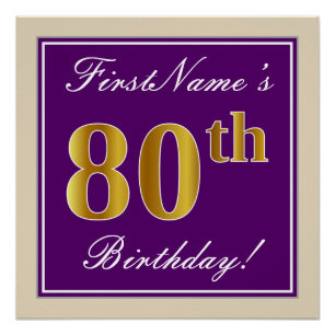 Poster Elégant, pourpre, Faux Gold 80e anniversaire + Nom