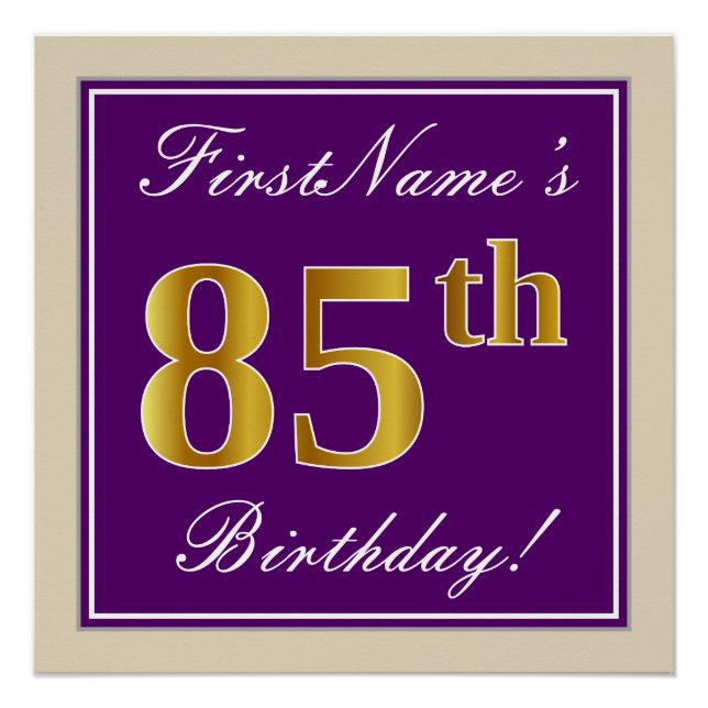Poster Elégant, pourpre, Faux Gold 85e anniversaire + Nom (Devant)