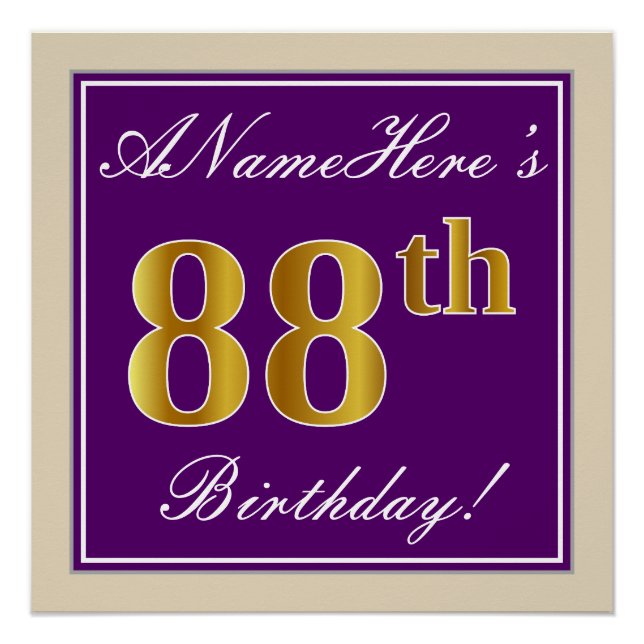 Poster Elégant, pourpre, Faux Gold 88e anniversaire + Nom (Devant)