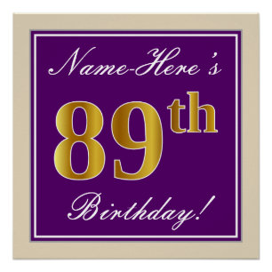 Poster Elégant, pourpre, Faux Gold 89e anniversaire + Nom